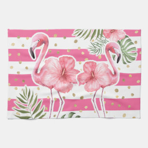 Linge De Cuisine Flamants roses roses tropicaux Pois d'or fleuri