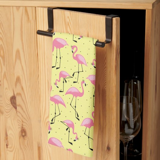 Linge De Cuisine Flamants roses royaux sur Jaune (Pliage en tiers)