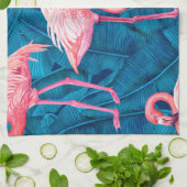 Linge De Cuisine Flamants roses sur feuilles de bananes bleues (Plié)