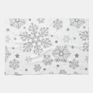 Linge De Cuisine Flammes de neige en argent sur blanc