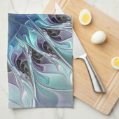 Linge De Cuisine Fleur Abstraite Fractale Moderne Avec Bleu (Quart Plié)