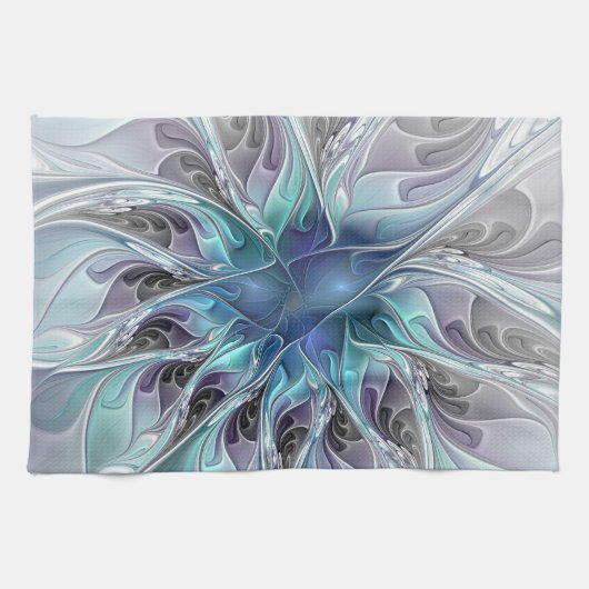Linge De Cuisine Fleur Abstraite Fractale Moderne Avec Bleu (Horizontal)