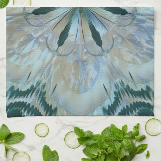 Linge De Cuisine Fleur Abstraite Fractée Turquoise Blanc Bleu Gris (Plié)