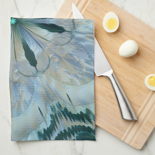 Linge De Cuisine Fleur Abstraite Fractée Turquoise Blanc Bleu Gris (Quart Plié)