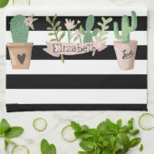 Linge De Cuisine Fleur de Cactus Rayures Noires et Blanches (Plié)