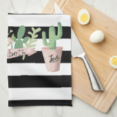 Linge De Cuisine Fleur de Cactus Rayures Noires et Blanches (Quart Plié)