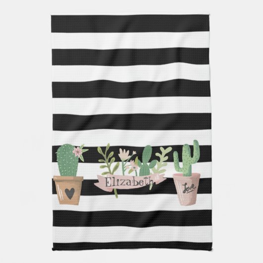 Linge De Cuisine Fleur de Cactus Rayures Noires et Blanches (Vertical)