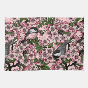 Linge De Cuisine Fleur de cerisier et mésanges sur fond rose