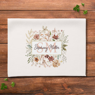 Linge De Cuisine Fleur de Floral Élégant Monogramme Aquarelle Autom