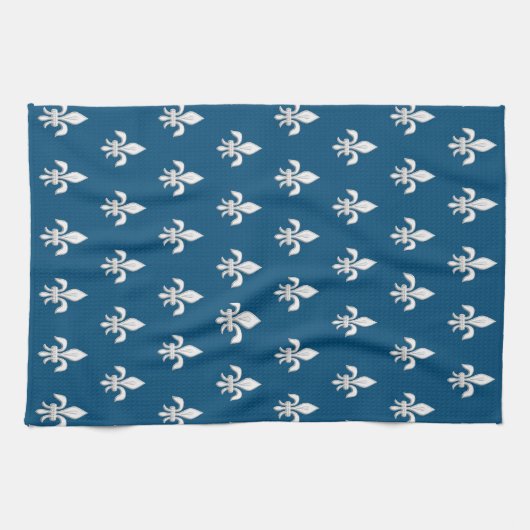 Linge De Cuisine Fleur de Lis en blanc sur Deep Cobalt Blue (Horizontal)