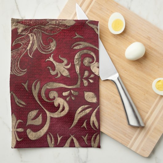 Linge De Cuisine Fleur de lis rouge et or (Quart Plié)