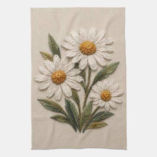 Linge De Cuisine Fleur de Pâquerette Brodée (Vertical)