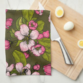 Linge De Cuisine Fleur de pomme sur vert foncé (Quart Plié)