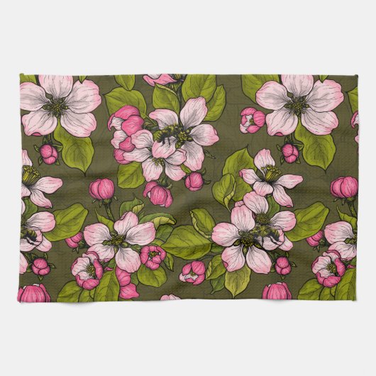 Linge De Cuisine Fleur de pomme sur vert foncé (Horizontal)