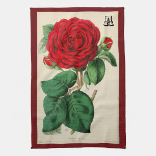 Linge De Cuisine Fleur de rose rouge art vintage monogrammé