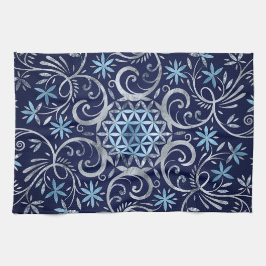 Linge De Cuisine Fleur de vie Mandala - Bleu Argent (Horizontal)