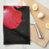 Linge De Cuisine Fleur d'Hibiscus rouge rose chaud sur noir (Quart Plié)