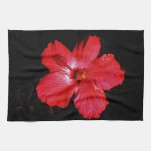 Linge De Cuisine Fleur d'Hibiscus rouge rose chaud sur noir