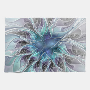 Linge De Cuisine Fleur fractale moderne abstraite avec du bleu
