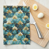 Linge De Cuisine Fleur Japonaise Sarcelle Or (Quart Plié)