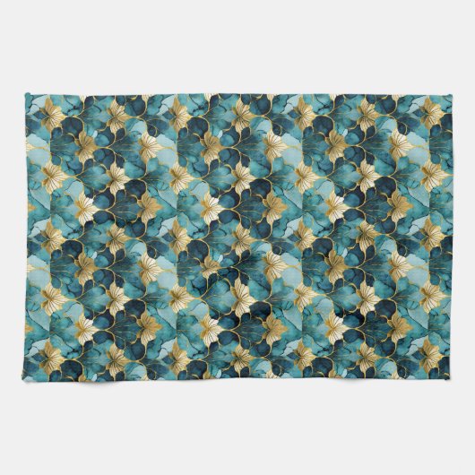 Linge De Cuisine Fleur Japonaise Sarcelle Or (Horizontal)