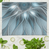 Linge De Cuisine Fleur Joyeuse Abstrait gris bleu floral Fractal (Plié)