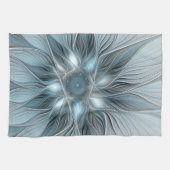 Linge De Cuisine Fleur Joyeuse Abstrait gris bleu floral Fractal (Horizontal)