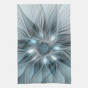 Linge De Cuisine Fleur Joyeuse Abstrait gris bleu floral Fractal
