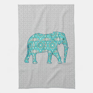 Linge De Cuisine Fleur mandala éléphant - turquoise, gris & blanc