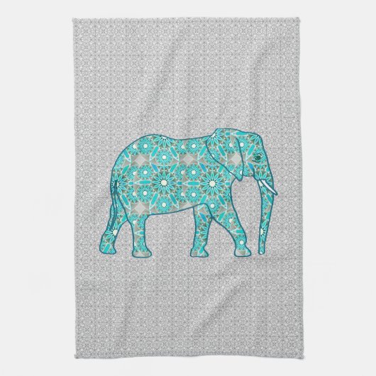 Linge De Cuisine Fleur mandala éléphant - turquoise, gris & blanc (Vertical)
