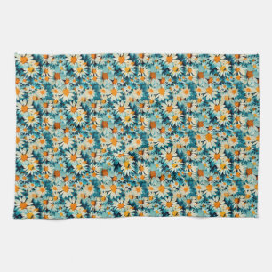 Linge De Cuisine Fleur marguerite bleu, blanc et jaune sans joint