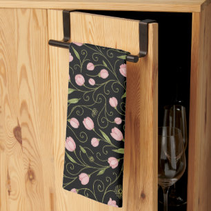 Linge De Cuisine Fleur mignonne, rose sur noir avec motif répétitif
