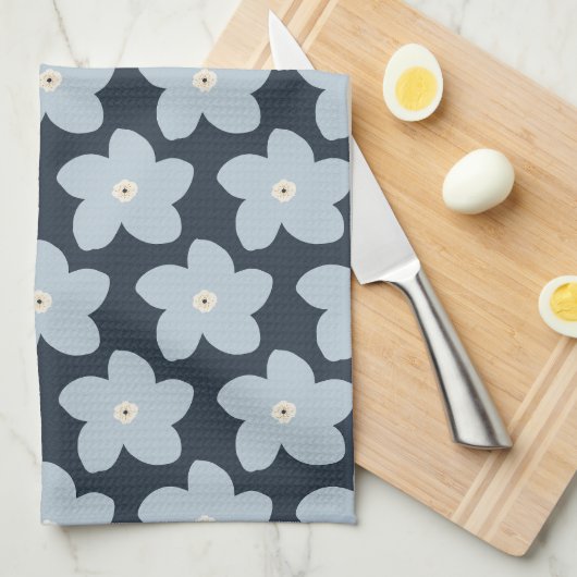 Linge De Cuisine Fleur Rétro Bleu Clair Et Navy (Quart Plié)