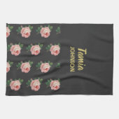 Linge De Cuisine Fleur rose nom personnalisé gris (Horizontal)