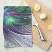 Linge De Cuisine Fleur verte abstraite moderne fractale violette (Quart Plié)