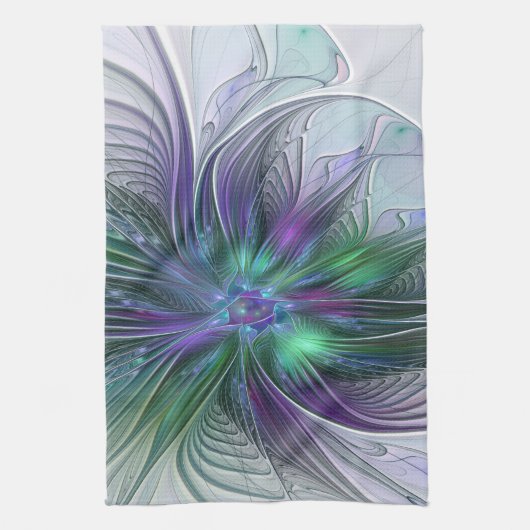 Linge De Cuisine Fleur verte abstraite moderne fractale violette (Vertical)