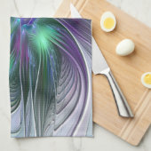 Linge De Cuisine Fleur verte abstraite moderne fractale violette (Quart Plié)