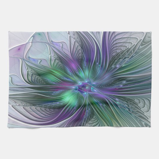 Linge De Cuisine Fleur verte abstraite moderne fractale violette (Horizontal)