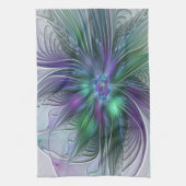 Linge De Cuisine Fleur verte abstraite moderne fractale violette (Vertical)