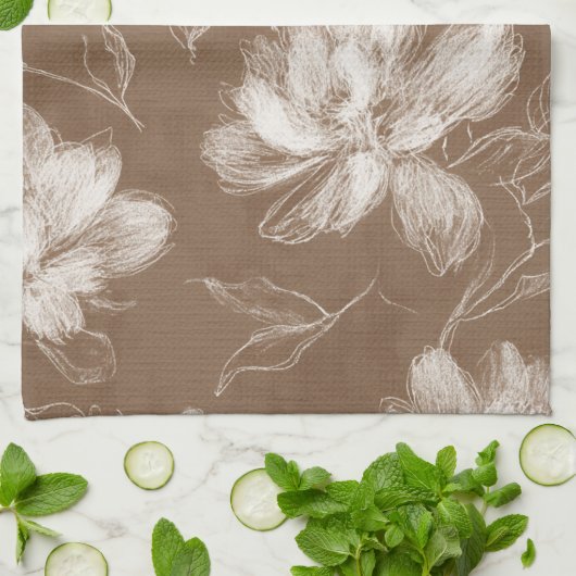 Linge De Cuisine Fleurs Abstraites Marron Blanc (Plié)