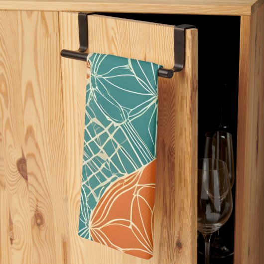 Linge De Cuisine Fleurs abstraites sarcelle, orange et beige (Pliage en tiers)
