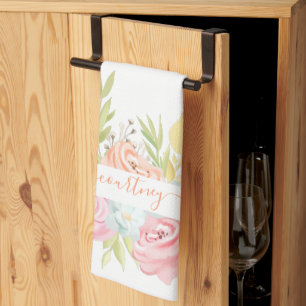 Linge De Cuisine Fleurs aquarelles orange et rose personnalisées