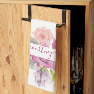 Linge De Cuisine Fleurs aquarelles rose et pêche personnalisées 