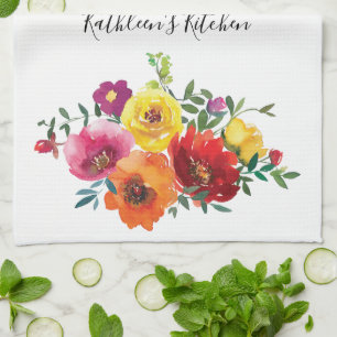Linge De Cuisine Fleurs aquarelles roses jaunes rouges personnalisé