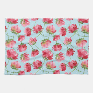 Linge De Cuisine Fleurs Aquarelles Rouge Écarlate Jetées Points Pol