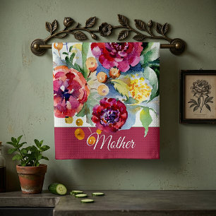 Linge De Cuisine Fleurs aquarelles rouges et orange personnalisable