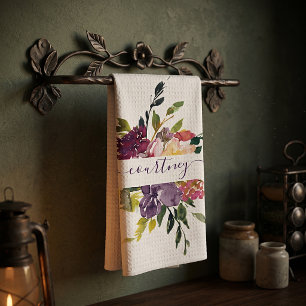 Linge De Cuisine Fleurs aquarelles violettes et rouges personnalisé