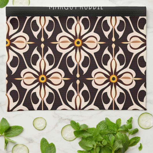 Linge De Cuisine Fleurs Batik Beige Jaune Motif Floral (Plié)