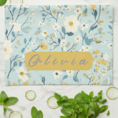 Linge De Cuisine Fleurs blanches bleues et vertes vives (Plié)