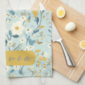 Linge De Cuisine Fleurs blanches bleues et vertes vives (Quart Plié)